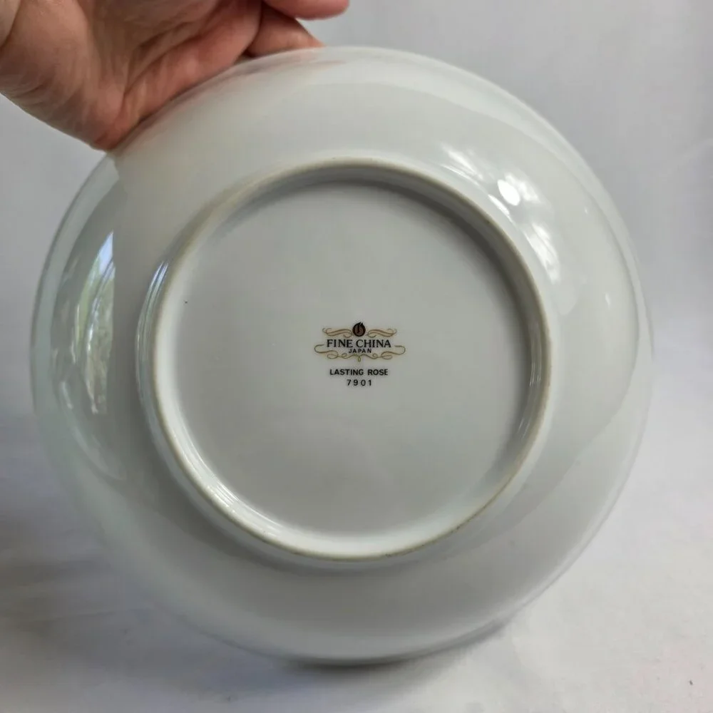 Seizan Fine China Lasting Rose 9 Inch Serving Bowl White Pink Roses Gray Leaves
